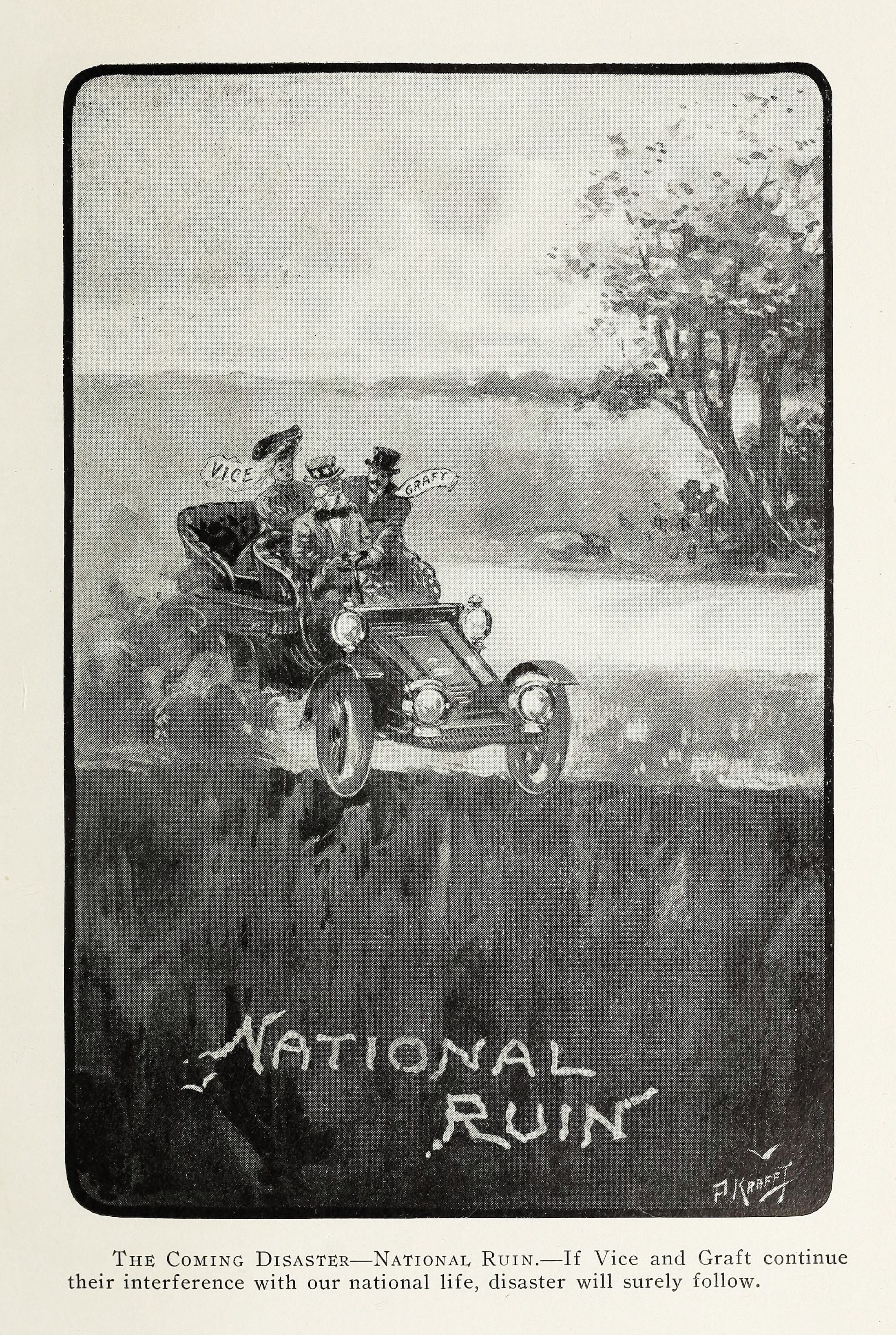 A black and white cartoon illustration depicting a car labeled 'Vice' and 'Graft' speeding towards 'NATIONAL RUIN'.