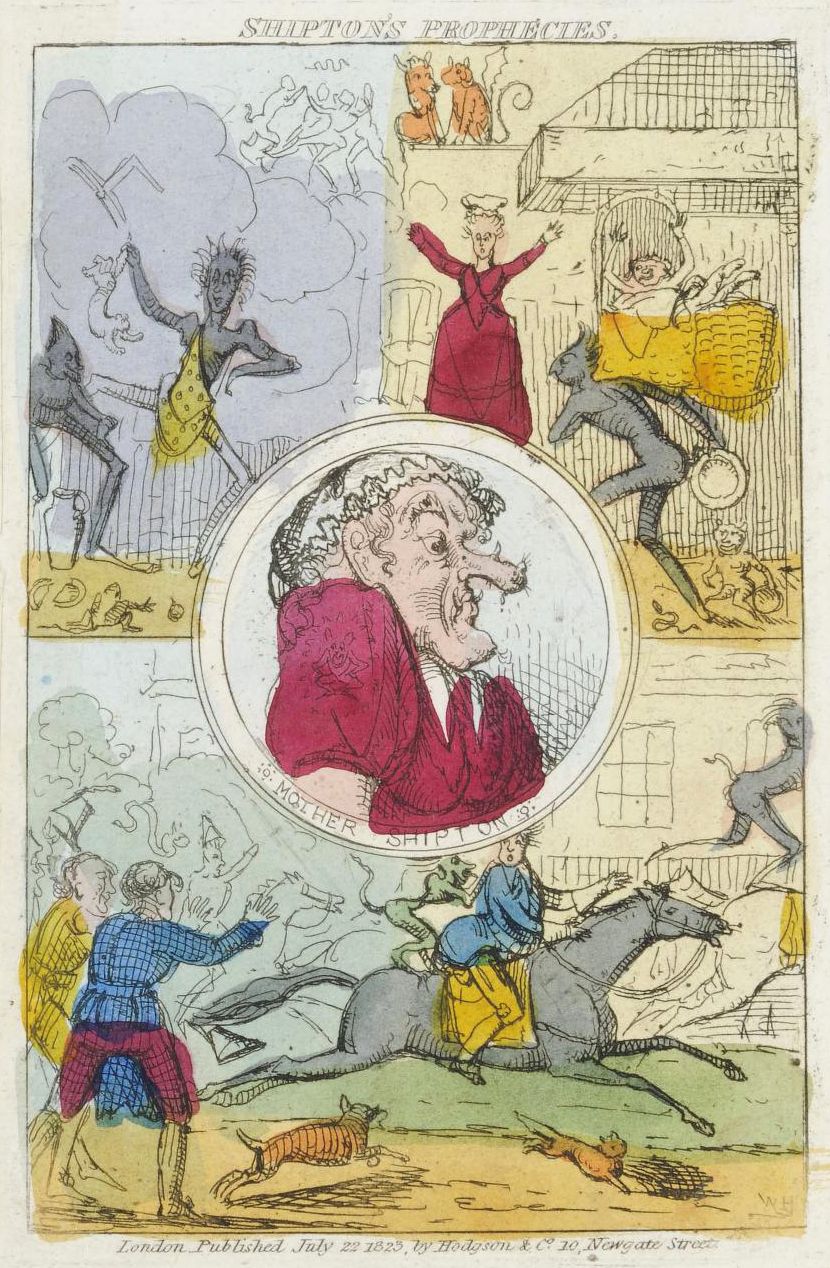 A hand-colored lithograph titled "Shipton's Prophecies" depicting a chaotic scene surrounding a portrait of Mother Shipton.