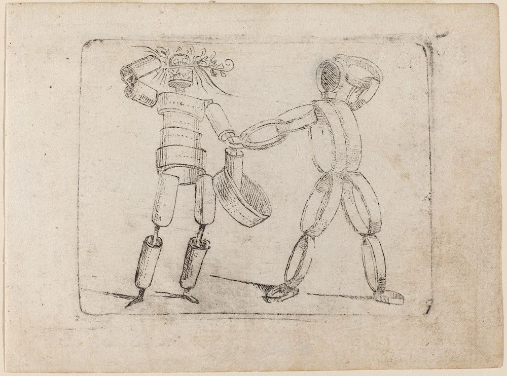 A black and white drawing of two segmented figures connected by a chain.