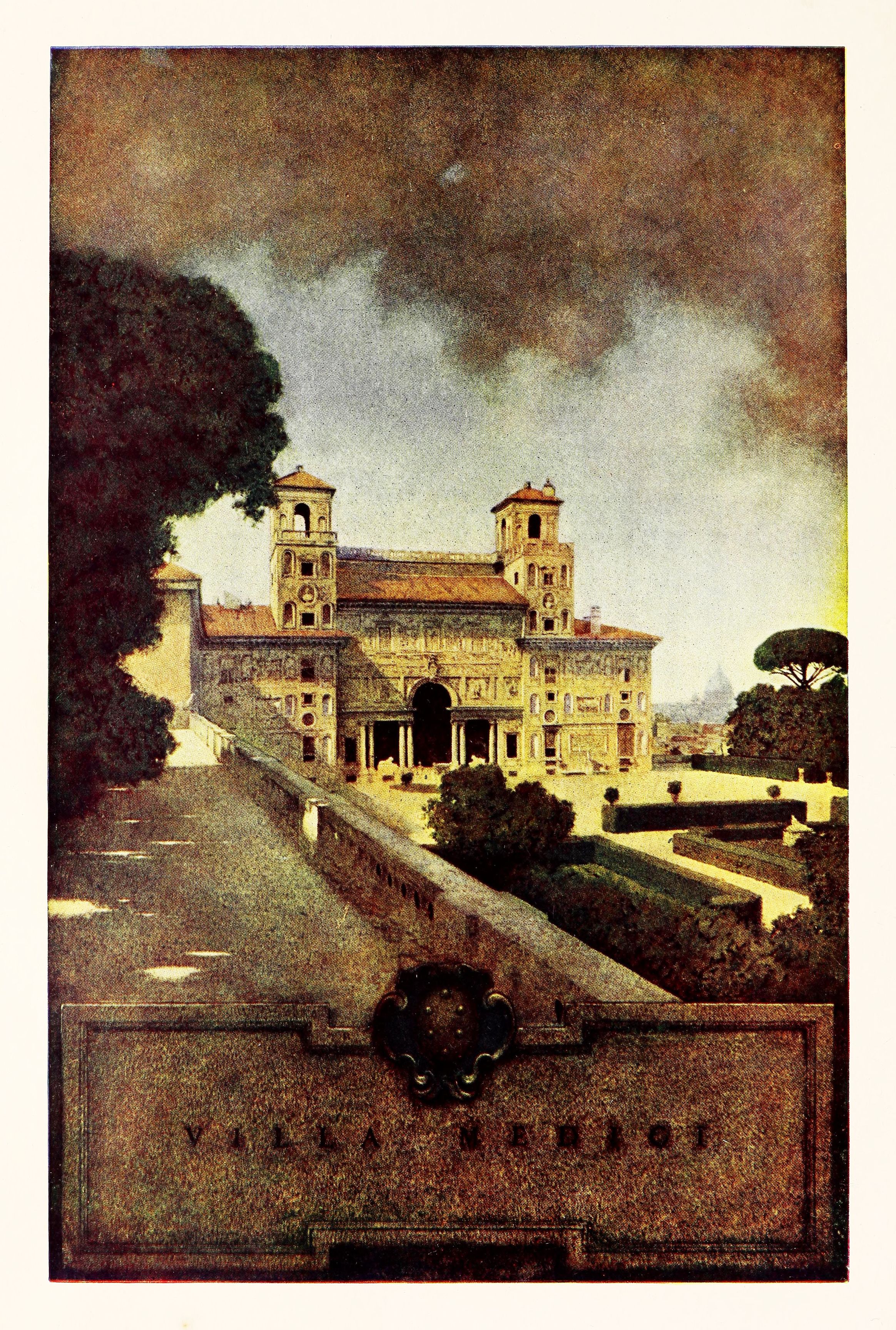 Vintage photograph of Villa Cetinale, a Renaissance villa in Tuscany, Italy, with a formal garden and overcast sky.