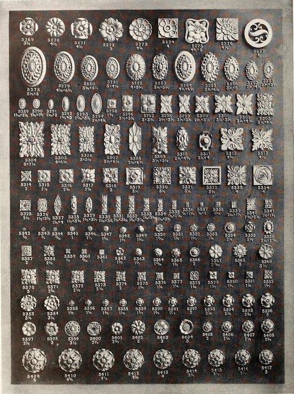 A vintage catalog page filled with a grid of numbered ornamental designs in black and white.