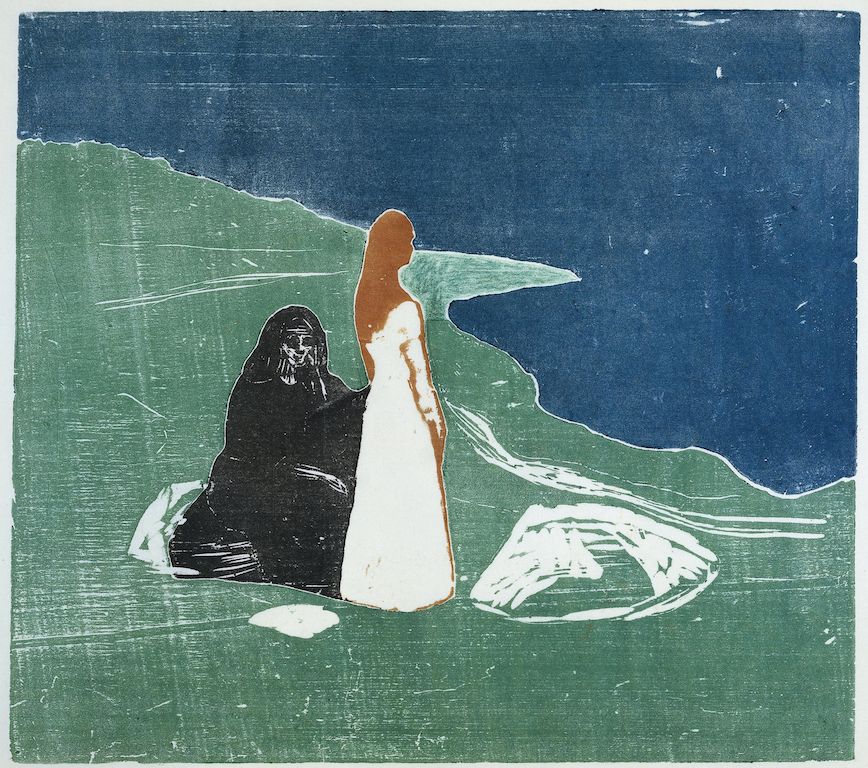 A woodcut print depicting a hooded figure seated on a green landscape, with a tall, slender form next to them and a dark blue sky in the background.
