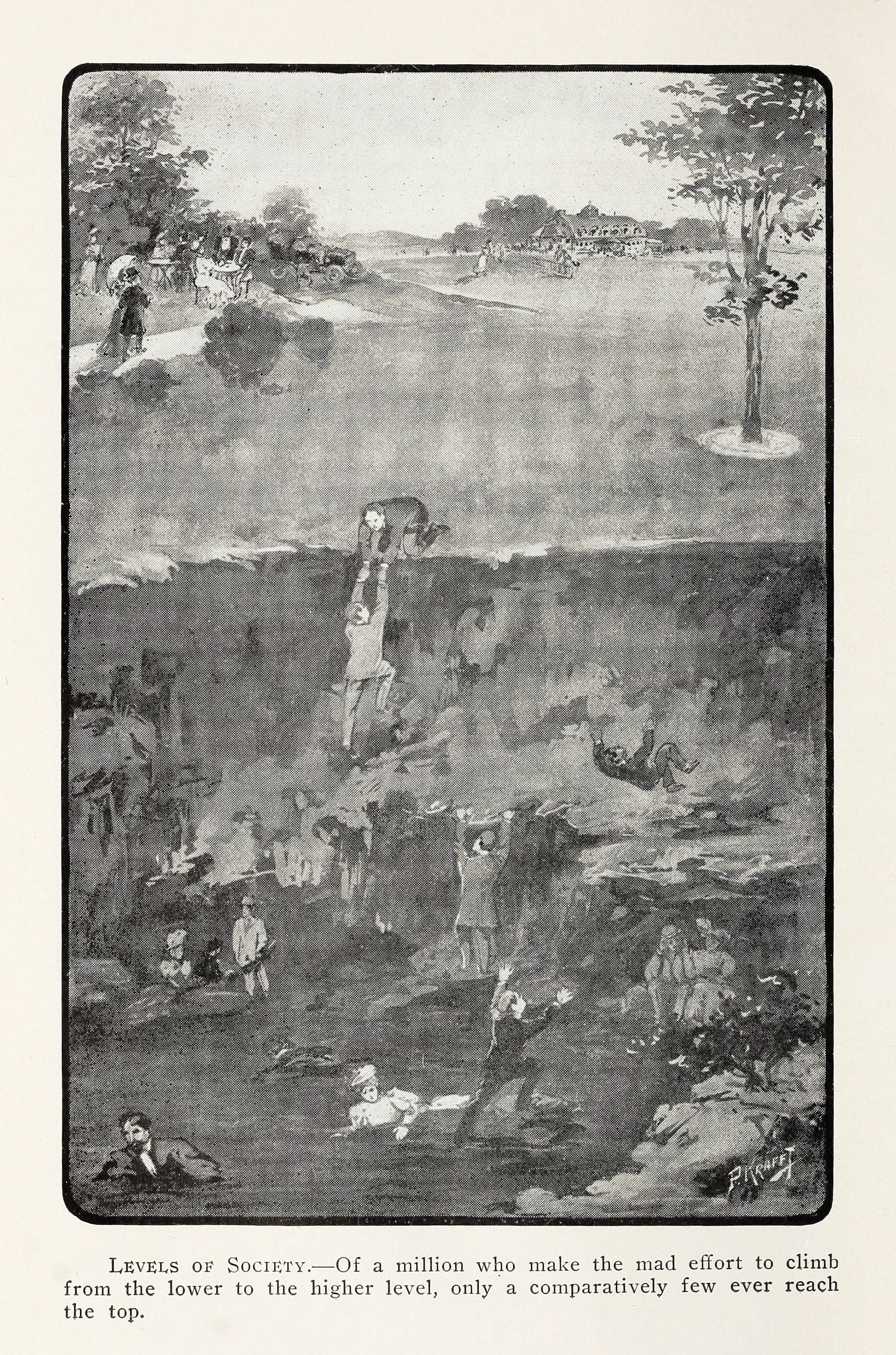 A black and white illustration depicting a terraced landscape representing social classes, with a large crowd struggling to climb upwards and a few individuals reaching the top.