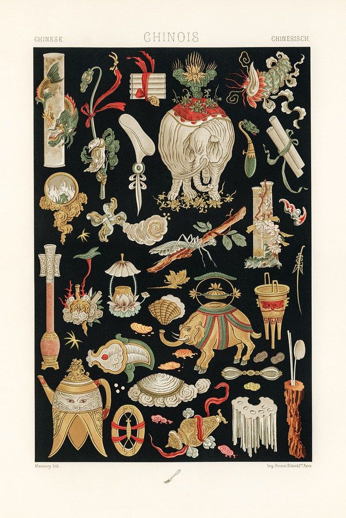 A vintage illustration titled 'Chinois' featuring a dense arrangement of ornate Chinese motifs and decorative elements against a black background.