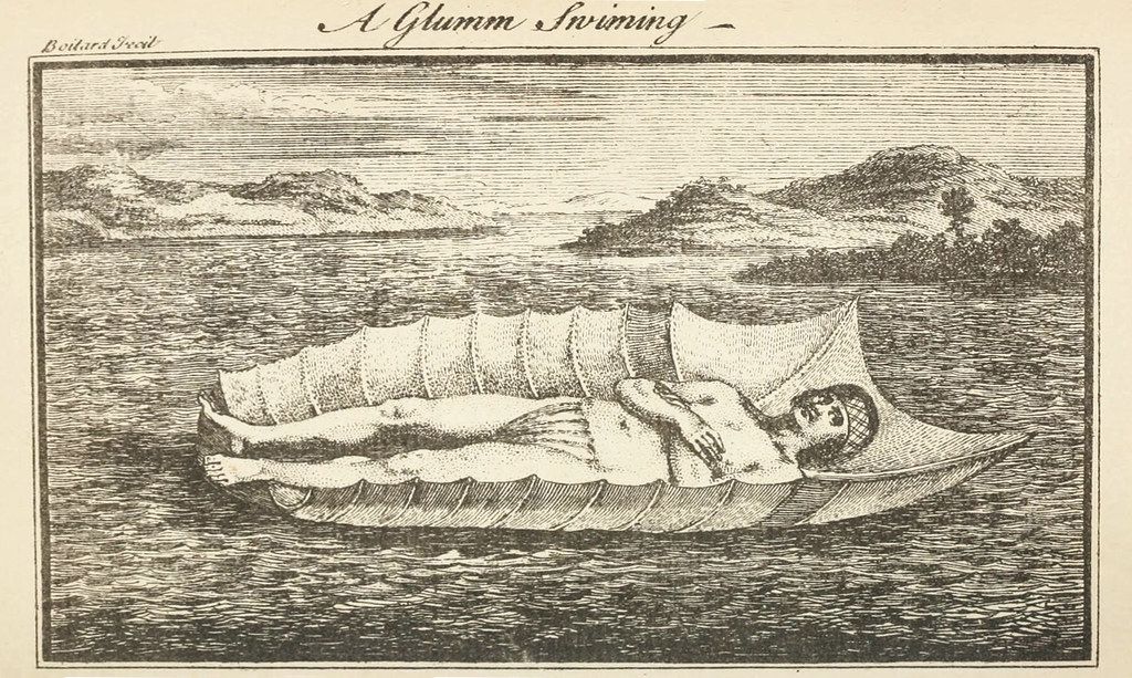 A black and white engraving titled 'A Glumm Swimming' depicting a person floating on their back in choppy water with distant mountains in the background.