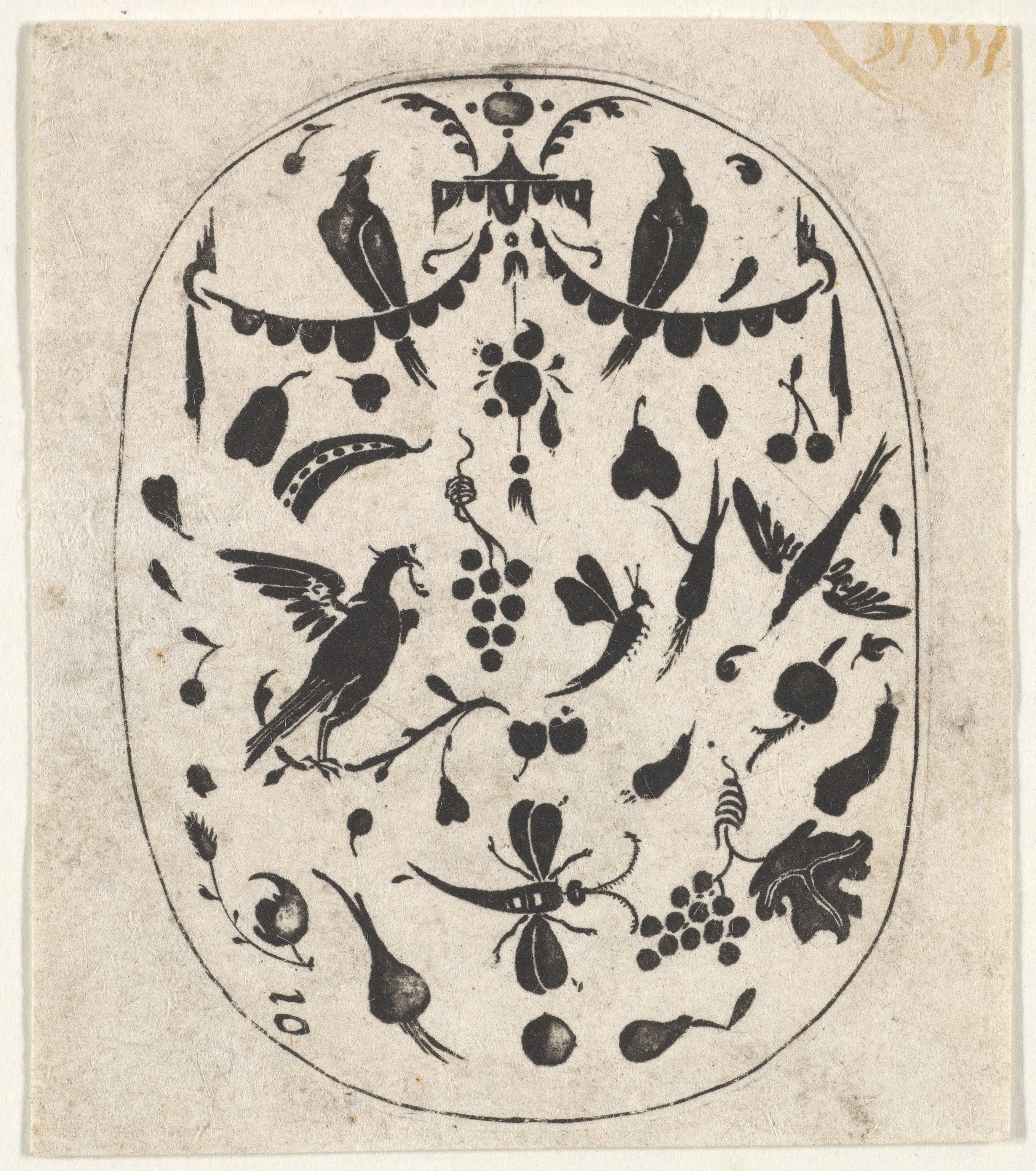 A black and white illustration of an oval-shaped design filled with birds, fruit, insects, and floral patterns.