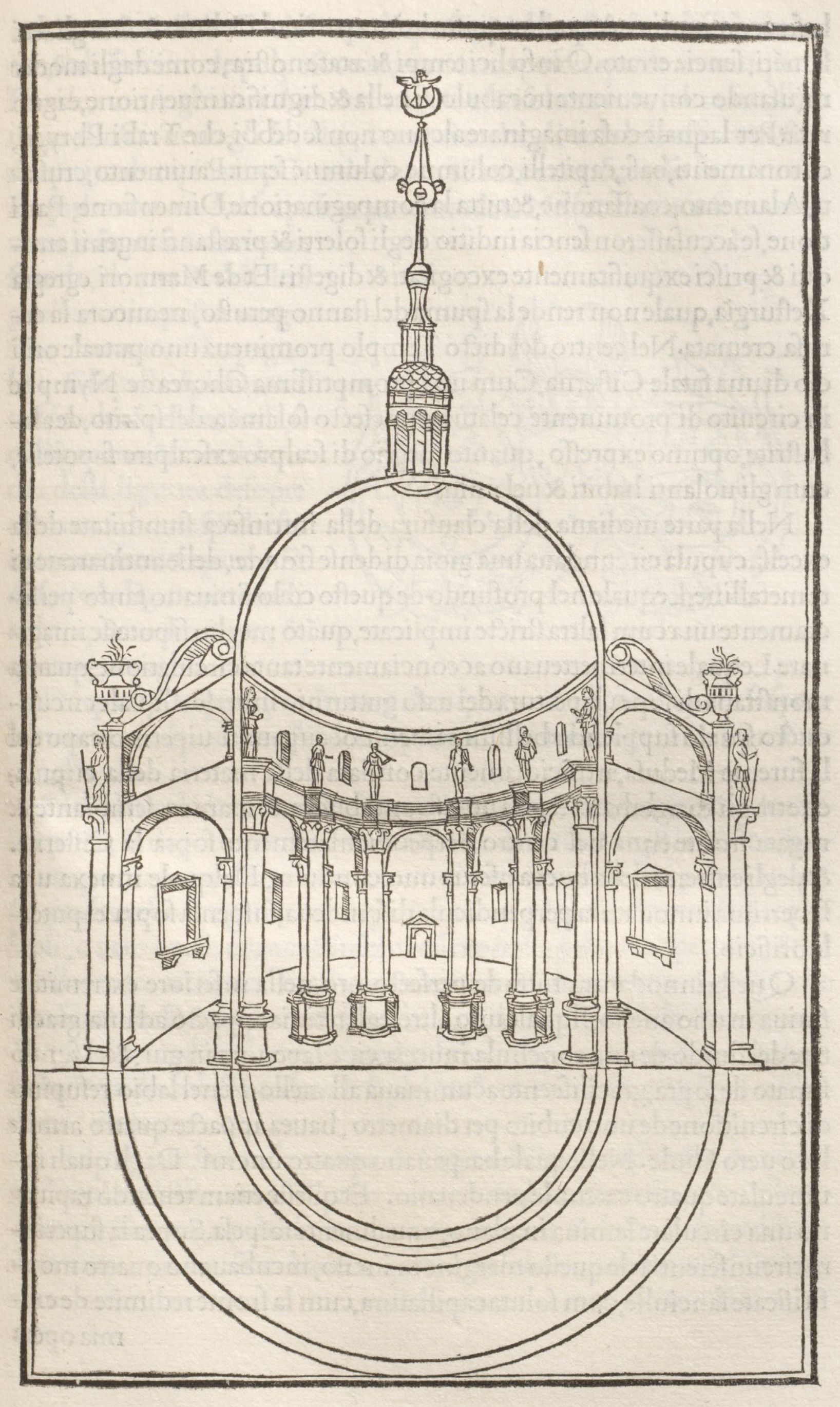 Black and white illustration of a circular building with a large dome, surrounded by text.