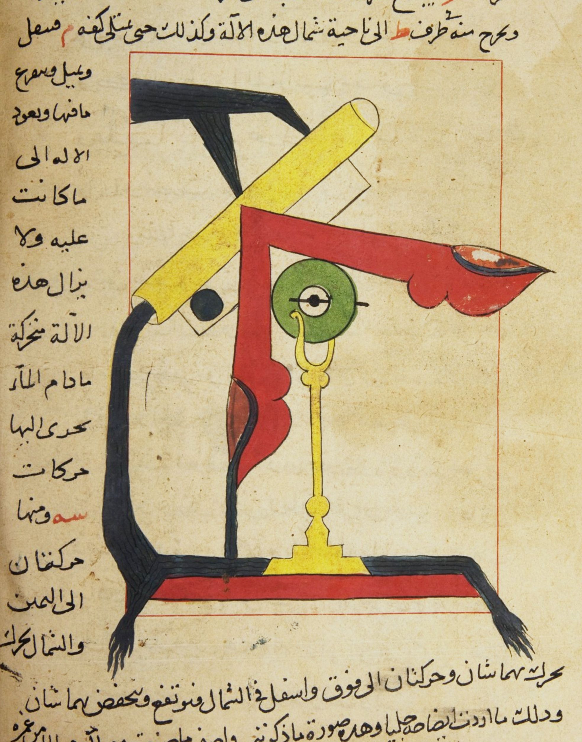 A detailed illustration from an old manuscript, likely a medieval Arabic text. The central figure is a stylized depiction of a man, rendered in a bold, graphic style.