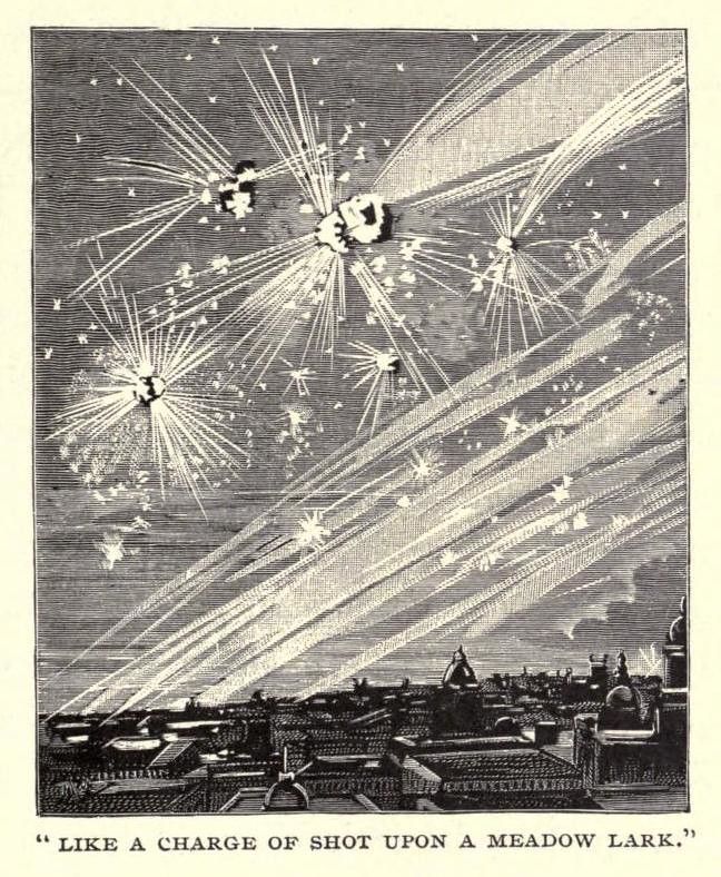 A vintage black and white woodcut illustration depicting a dramatic nighttime scene with fireworks exploding over a cityscape.