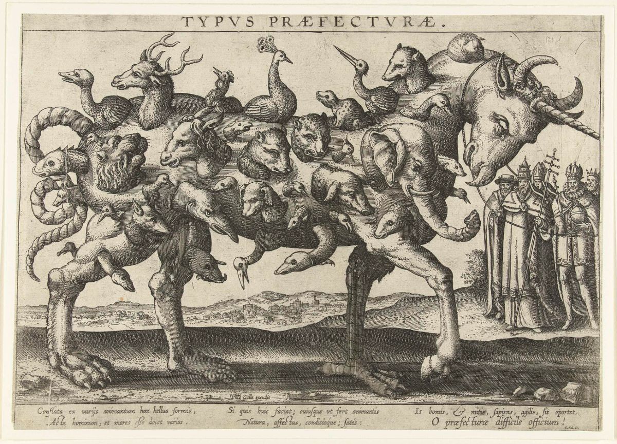 A black and white engraving titled 'TYPUS PRAEFECTVRAE' depicting a line of hybrid creatures with horse bodies and various animal heads walking towards three men in Renaissance clothing.