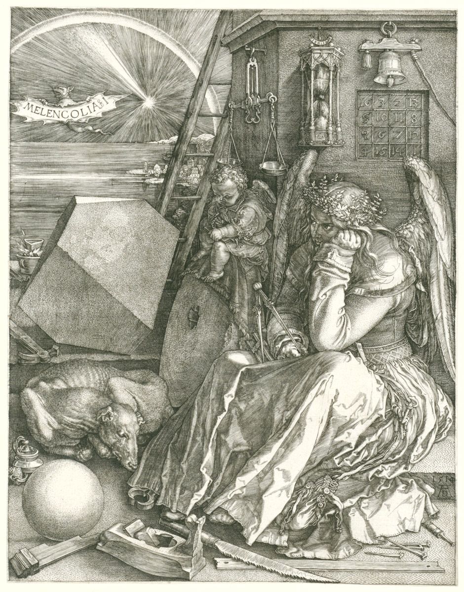 A black and white engraving titled 'Melencolia I' by Albrecht Dürer, depicting a melancholic angel surrounded by tools and symbols of intellectual pursuits.
