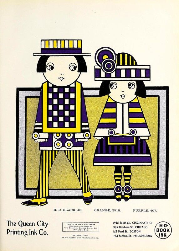 A vintage print advertisement from The Queen City Printing Ink Co. featuring two stylized figures within rectangular frames.