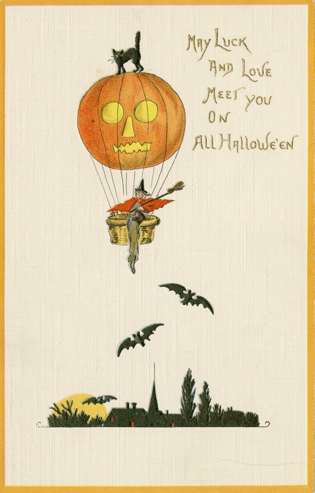 Vintage Halloween postcard with a witch riding in a pumpkin balloon.