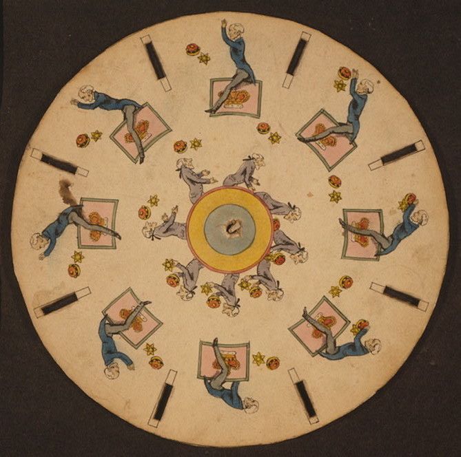 A circular phenakistoscope disc with repeating images of a person interacting with a painting, surrounded by stars and with slots around the perimeter.