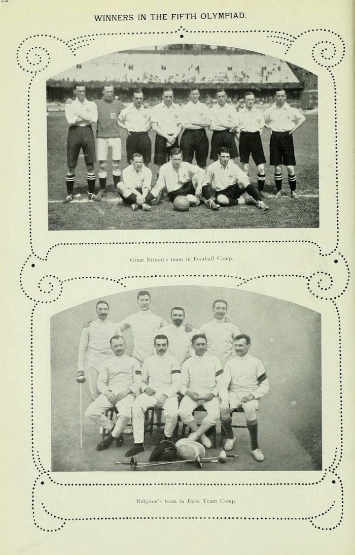 A page from a historical document featuring two black and white photographs of teams from the Fifth Olympiad. The top photograph shows Great Britain's football team, and the bottom photograph shows Belgium's team in the Epée competition.