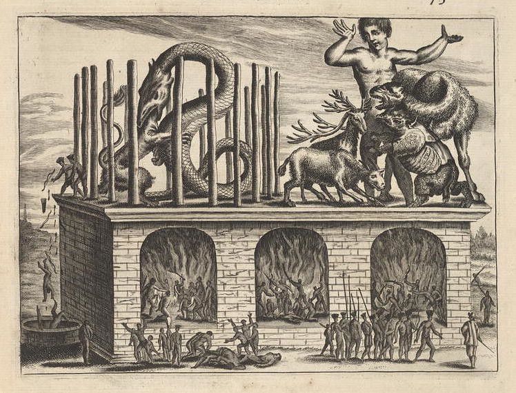 A black and white engraving depicting a dramatic scene with a large structure and numerous figures.