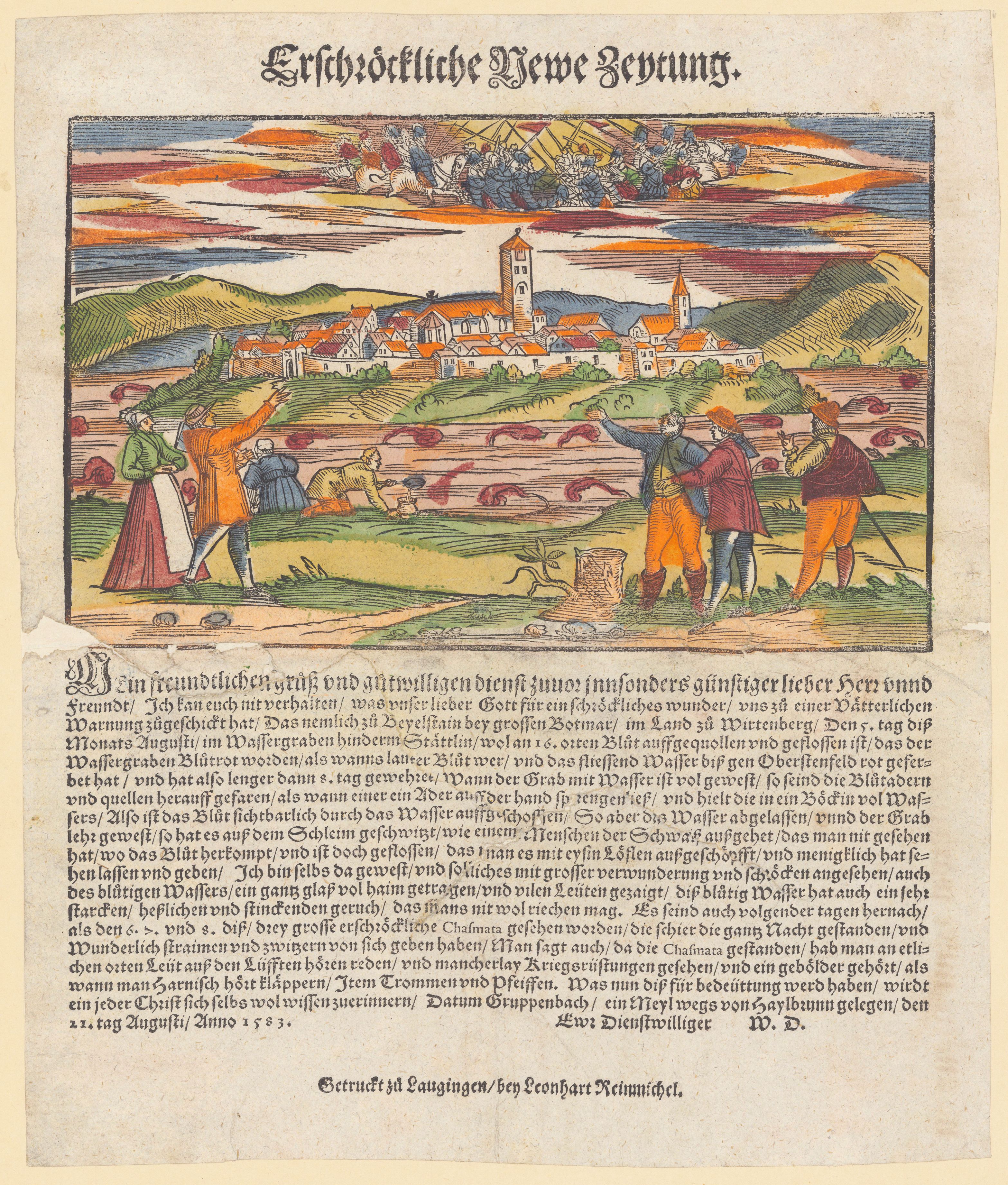 Vintage woodcut print of a castle with a chaotic scene unfolding in front of it, with a crowd of people and a bridge spanning a body of water. Dense German text is below the image.