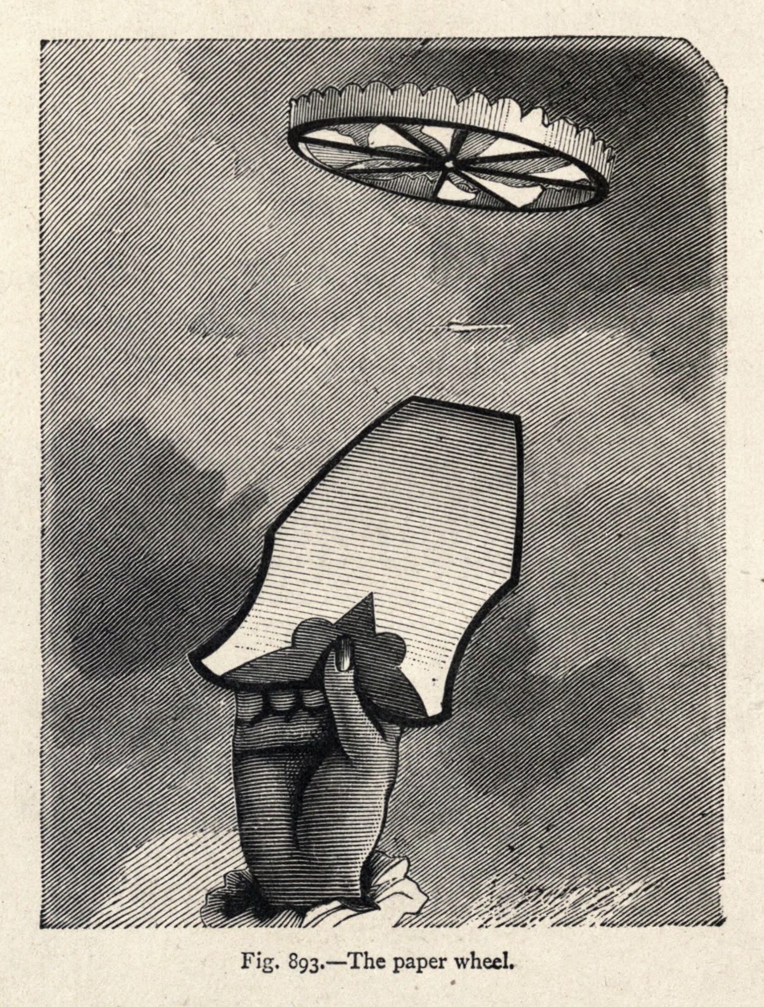 A vintage woodcut illustration of a person holding a large paper wheel above their head, with a smaller wheel above it.
