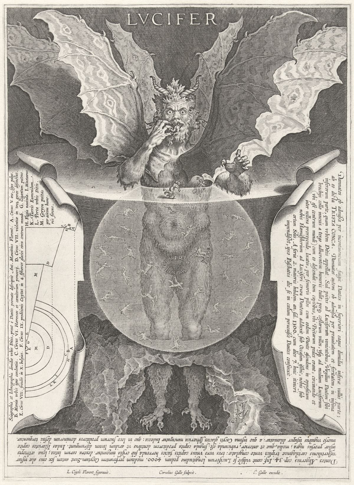 A detailed engraving titled 'LVCIFER' depicting a complex diagram with a sphere, geometric shapes, and surrounding text.