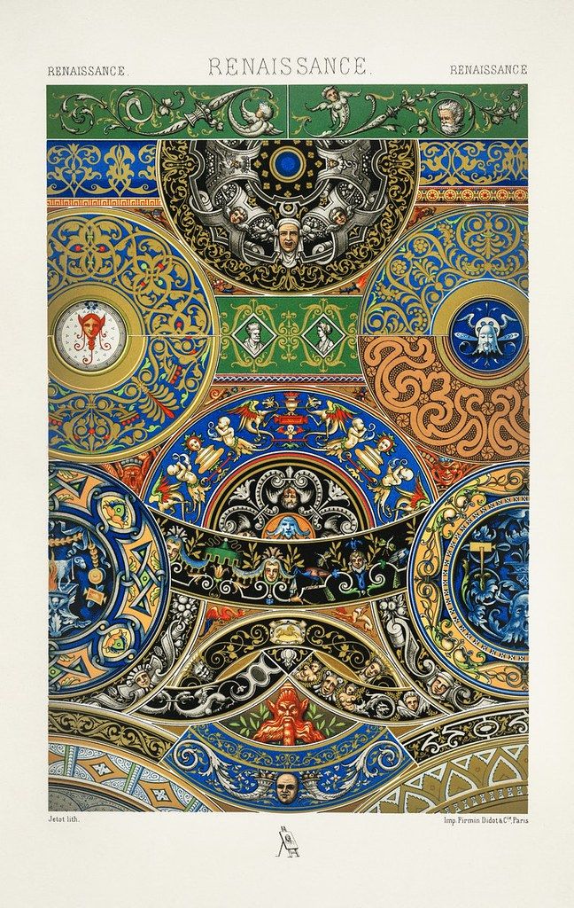 A detailed lithograph of a Renaissance-era ceiling design, featuring ornate panels, floral motifs, portraits, and classical figures in a vibrant color palette.