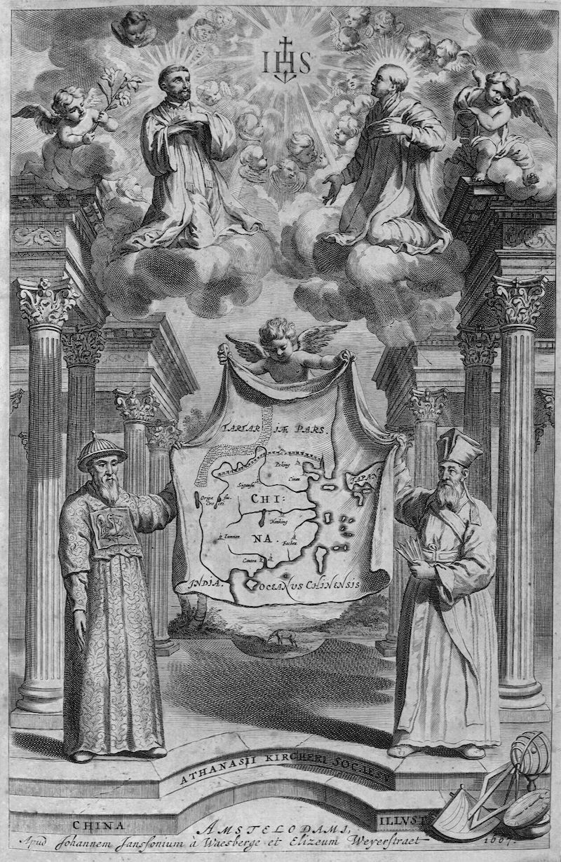 Detailed black and white engraving of a map held by angels and presented by two men in Eastern and Western attire, framed by columns and featuring religious symbolism.