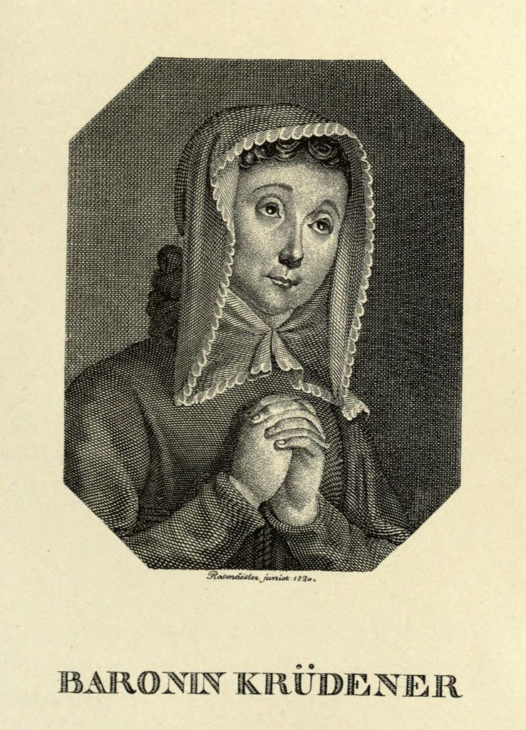 Vintage engraving of Baronin Krüdener, a woman in a dark garment and white head covering, with her hands clasped together. The name 'BARONIN KRÜDENER' is written below the portrait, along with the signature 'Rommelbeer, junior 1820'.