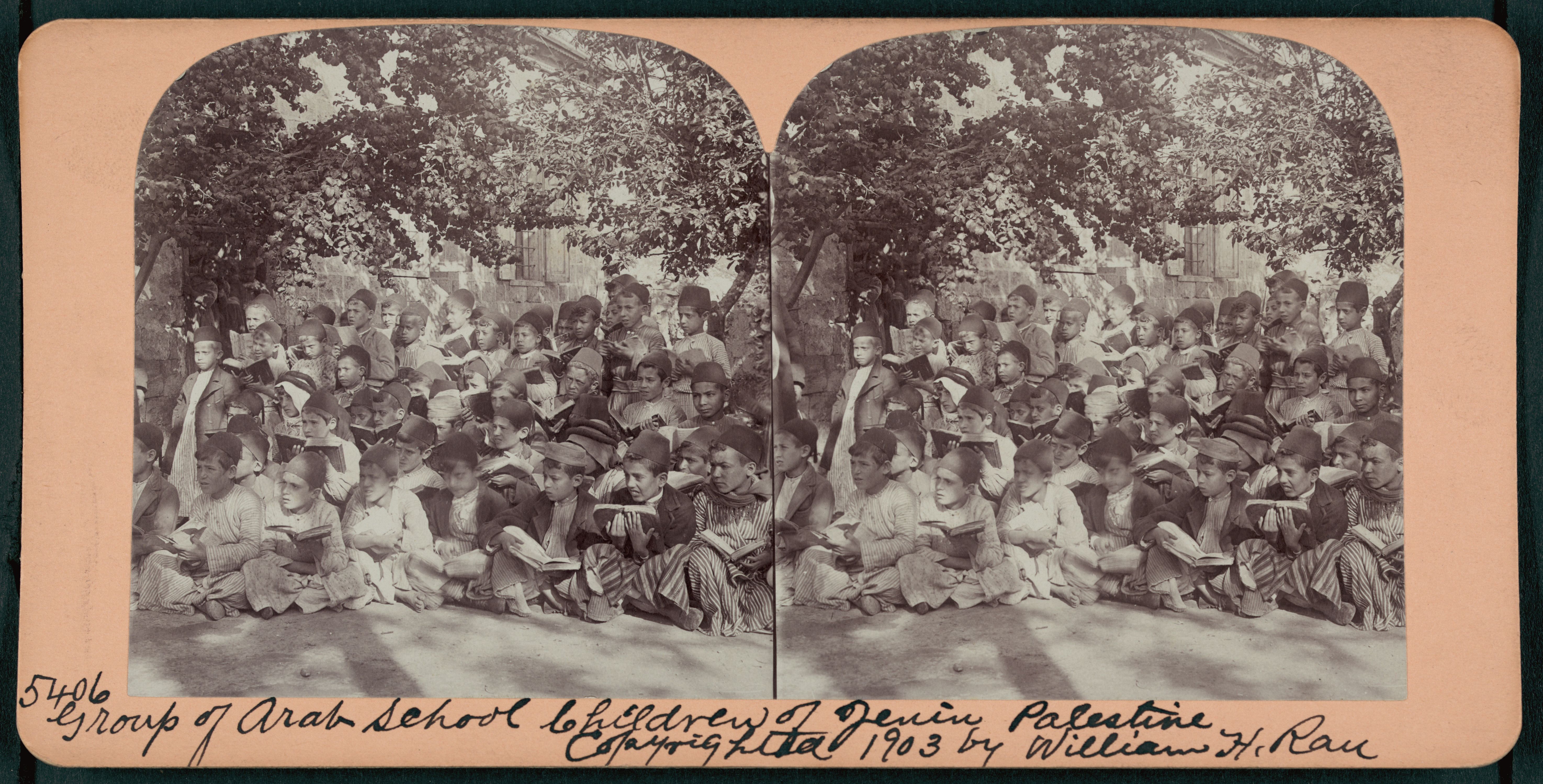 Stereoscope card from 1903 showing a large group of Arab school children in Jerusalem, Palestine.