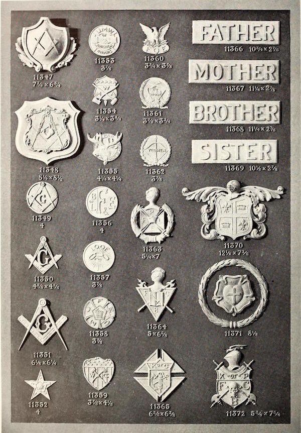 A vintage catalog page displaying a variety of badges and emblems, including Masonic symbols and family relation badges ('Father,' 'Mother,' 'Brother,' 'Sister'). Each badge is numbered and accompanied by its dimensions.