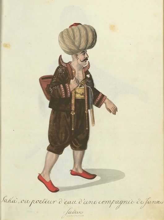 Watercolor painting of a man in Ottoman attire, identified as a water carrier of the Janissaries.