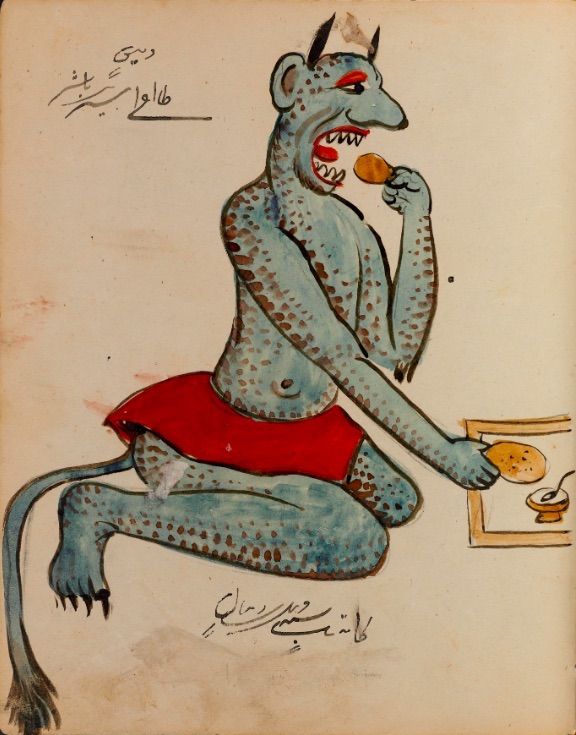 A vintage illustration of a blue, spotted creature with horns and pointed ears, seated and enjoying a snack at a small table.