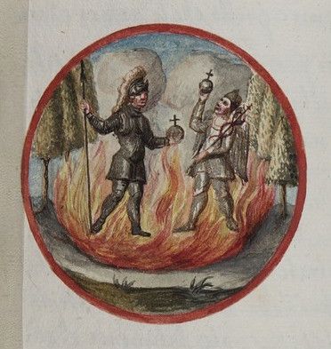 A circular illustration depicting two armored figures amidst flames, one holding a cross and the other an orb, with trees in the background.