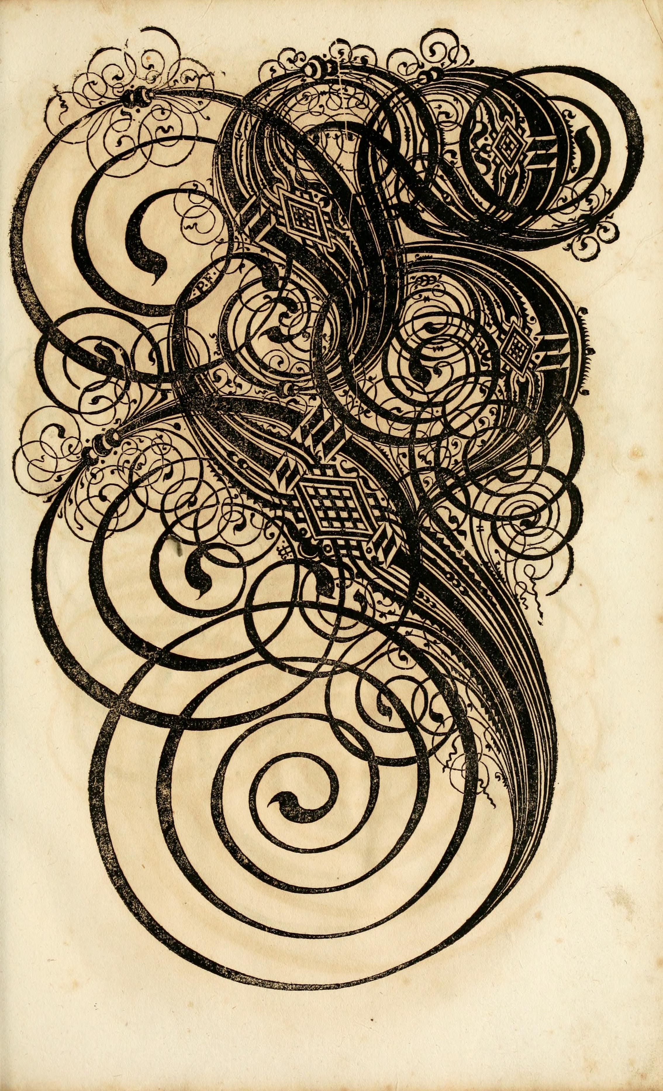 A black and white drawing with a swirling, ornate design in a Zentangle style.