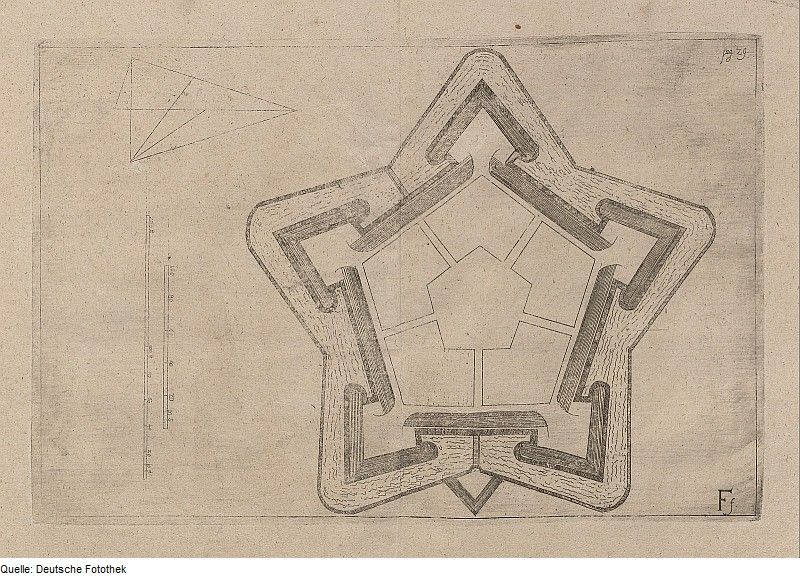 Vintage sepia-toned drawing of a star-shaped fort with detailed pencil lines, showcasing its complex geometric design.