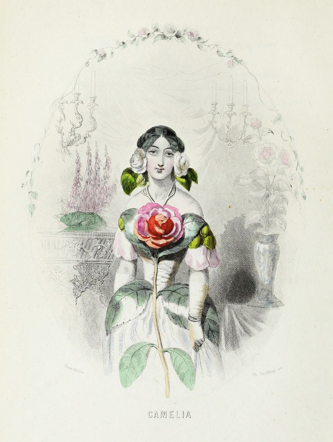 Vintage lithograph of a woman embodying the flower 'Camellia', holding a large camellia blossom and stem, with an archway of candles above and decorative elements on either side.