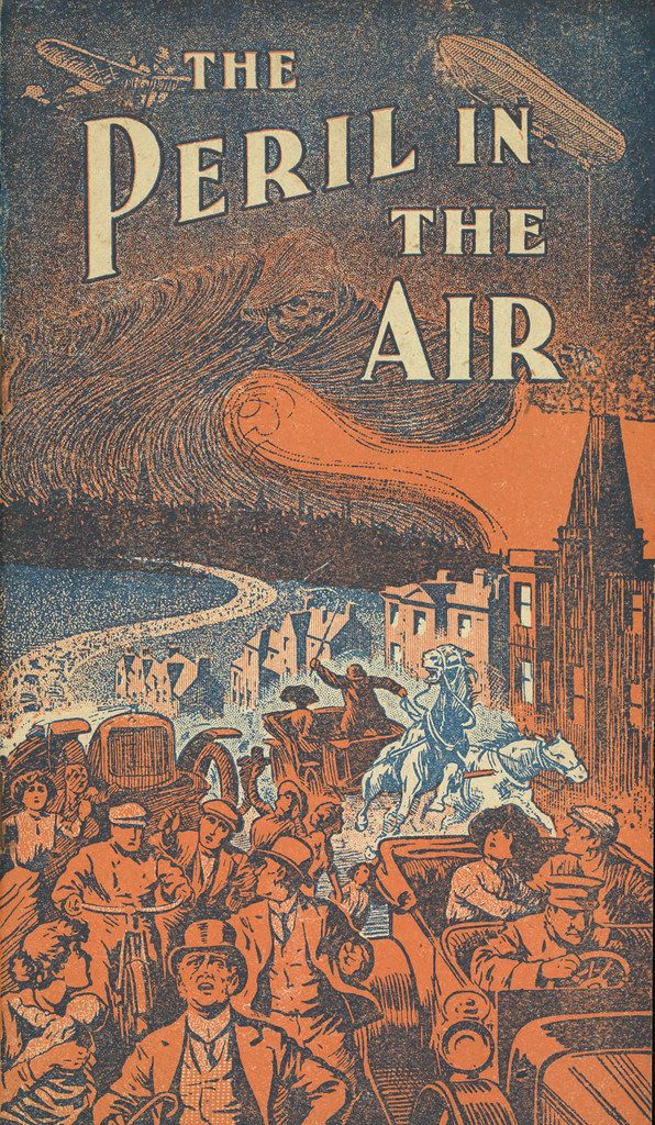 Vintage book cover for "Peril in the Air" featuring an airship, a chaotic city street, and a horse and rider leaping over a crowd.
