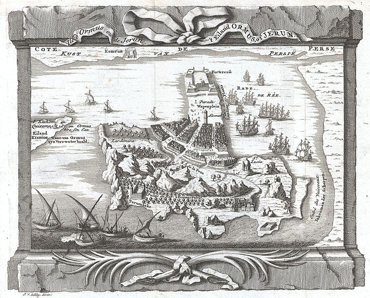 A detailed black and white engraving of a map depicting the island of Hormuz and its surrounding coastline.