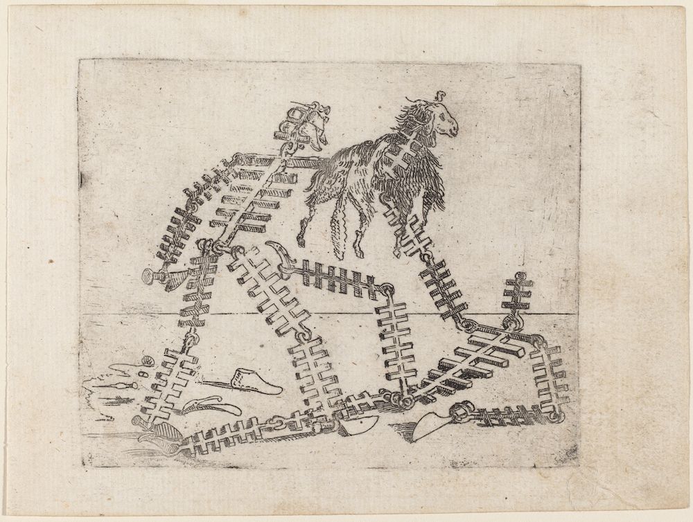 A black and white engraving depicting a horse within a complex, repeating pattern of cross-like shapes.