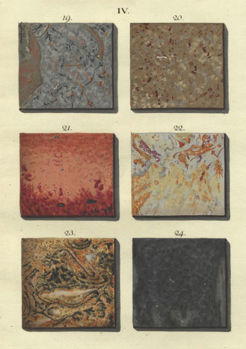 Six rectangular samples of decorative paper, numbered 19 through 24, arranged in a 2x3 grid. Each sample displays a unique marbling pattern and color scheme.