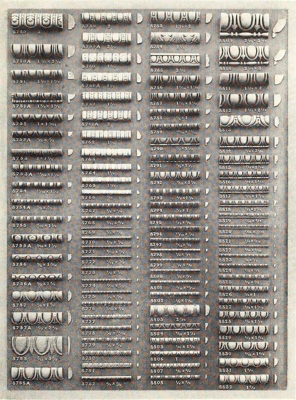 Vintage typography catalog page with detailed typographic elements and dimensions.
