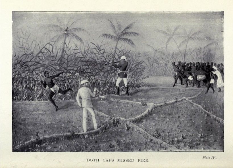 A black and white illustration depicting a chaotic scene in a tropical environment with people running and a military figure present.