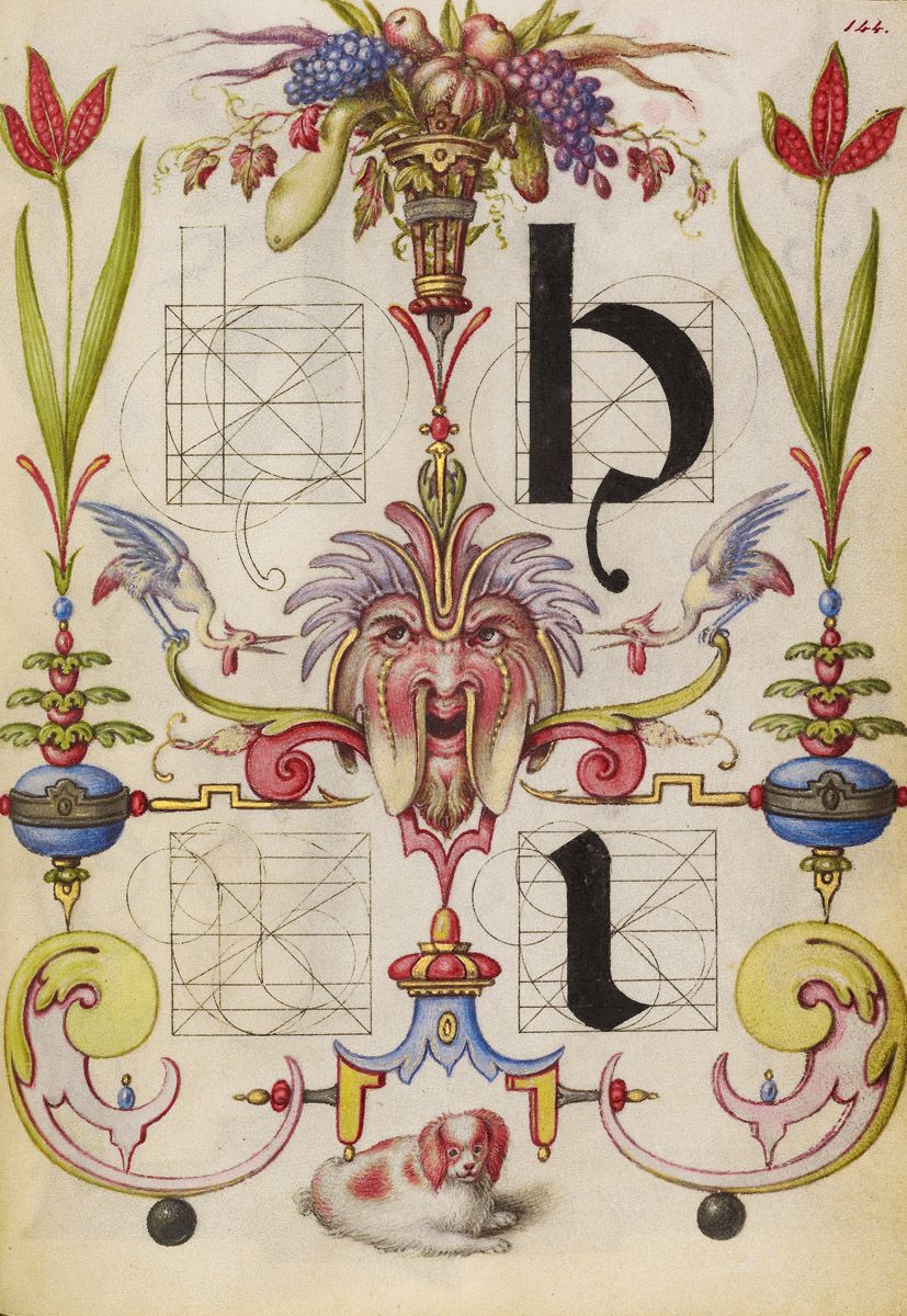 A detailed illustration of a decorative letter 'b' within an elaborate ornamental design.