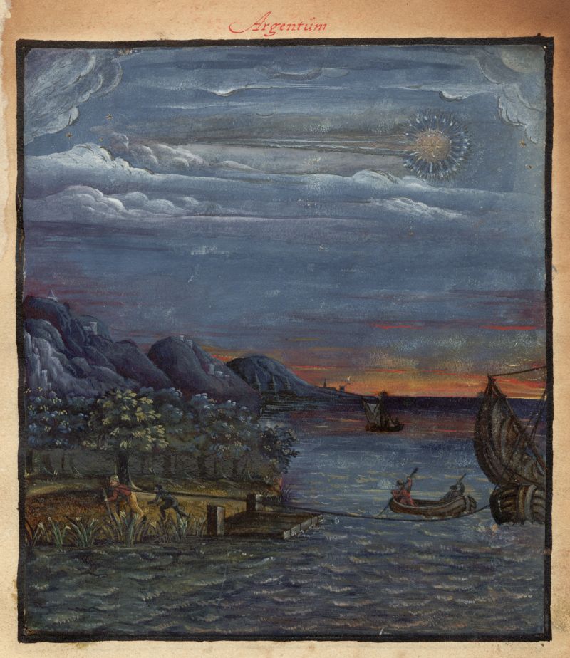 A painting of a nighttime scene with a body of water, mountains, and a group of figures gathered near the shore.