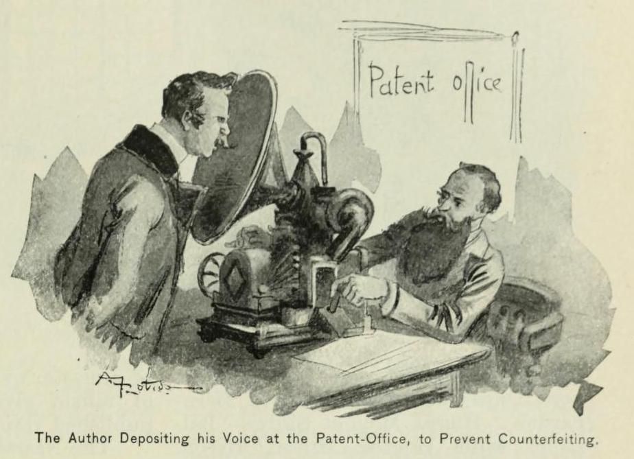 Vintage illustration of a man 'depositing' his voice into a machine at the patent office to prevent counterfeiting.