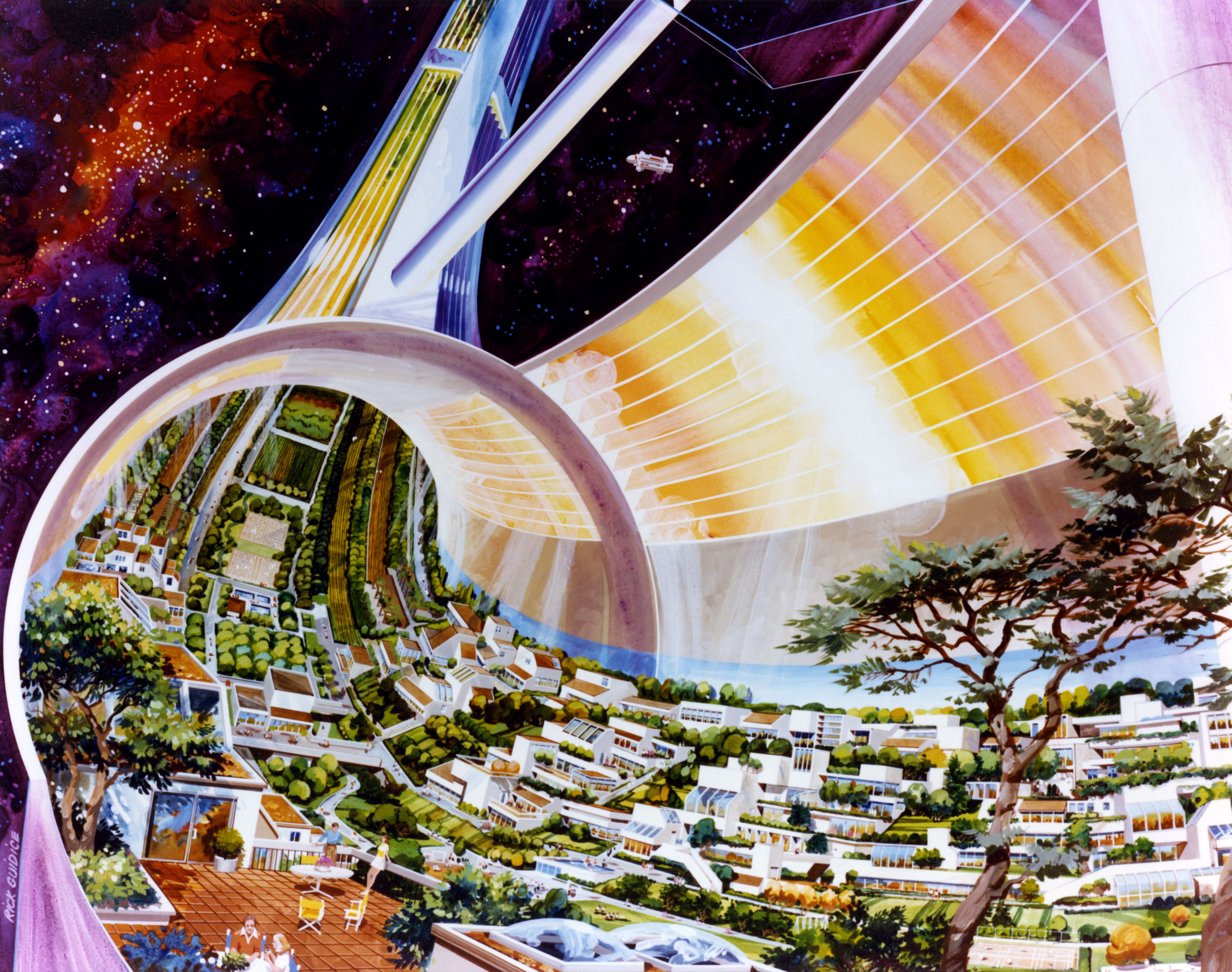 A futuristic city enclosed within a transparent structure, with white buildings, lush greenery, and a view of space.