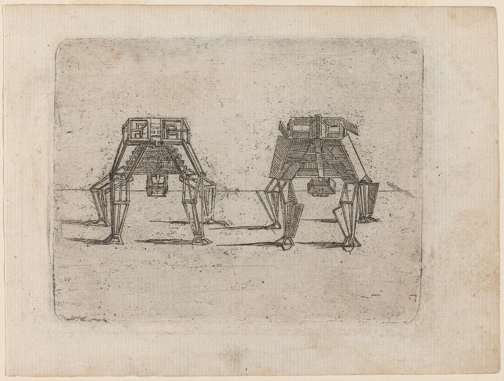 A black and white drawing of two mechanical walkers, reminiscent of early science fiction or steampunk designs.