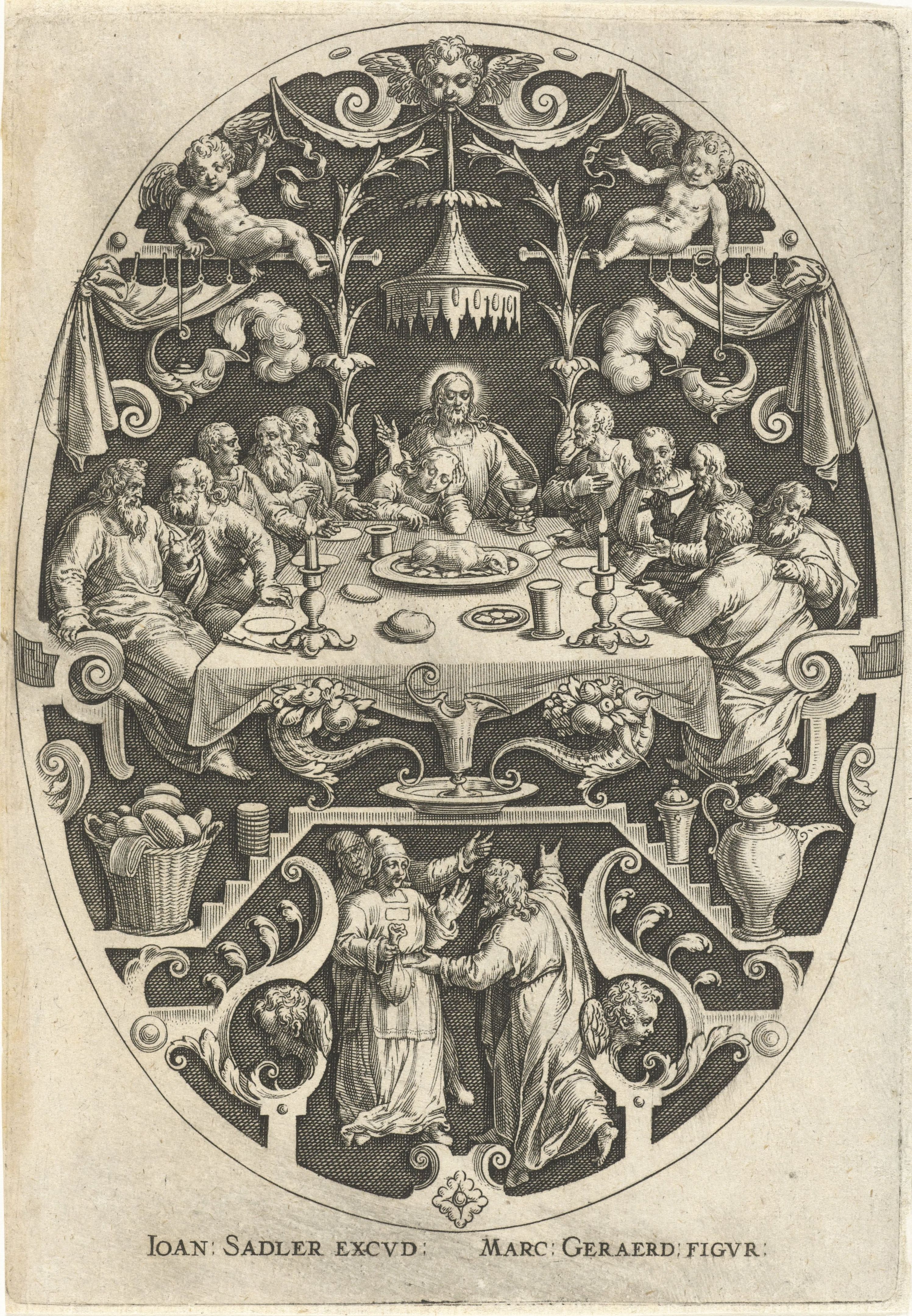 A detailed black and white engraving depicting a religious scene within an oval frame.