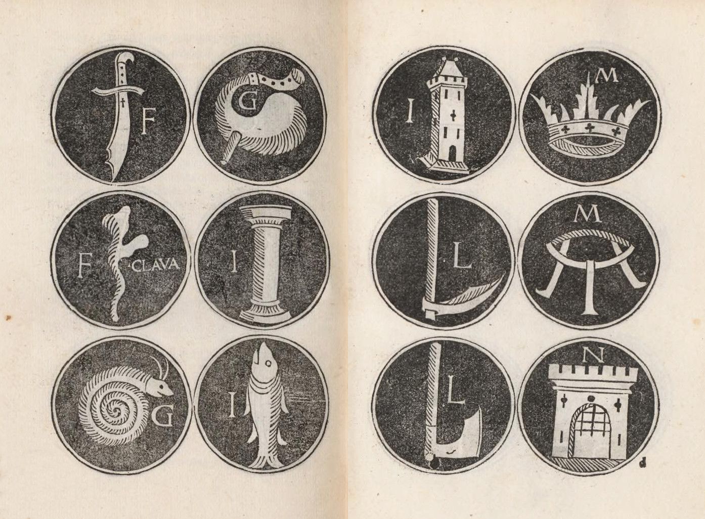 A grid of twelve circular emblems, each containing a black and white woodcut-style illustration of a symbolic image and a letter.