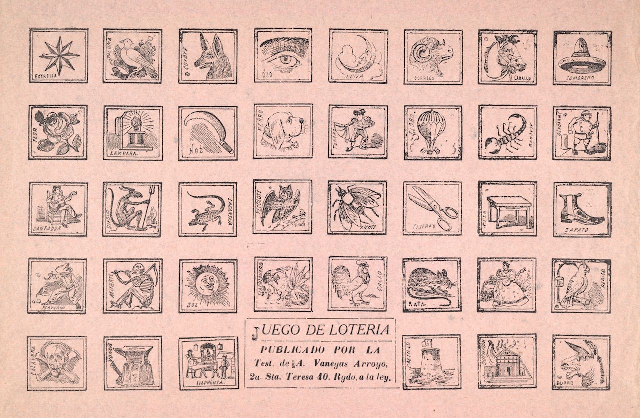 A vintage Loteria card with 55 small square illustrations of various objects, animals, and symbols, arranged in a grid. The cards have Spanish names below the illustrations. Text in the lower right corner indicates the game's name and publishing information.