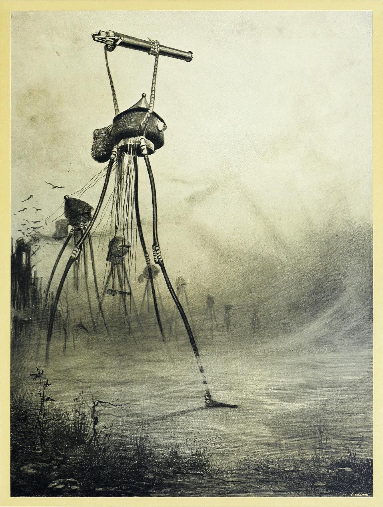 A vintage illustration of a towering, metallic tripod machine with multiple spindly legs, reminiscent of H.G. Wells' 'War of the Worlds', in a desolate landscape shrouded in mist.