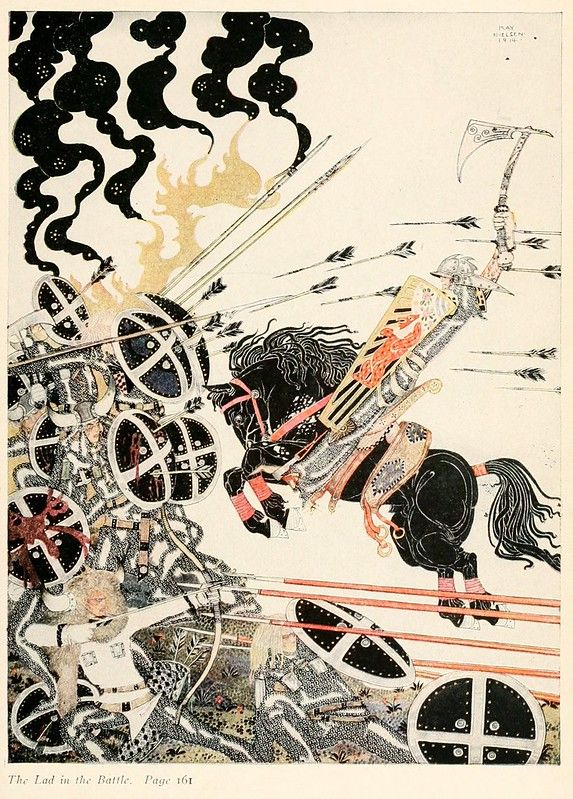 Vintage illustration of a warrior on horseback leading a charge in a chaotic battle scene, surrounded by chariots and smoke.